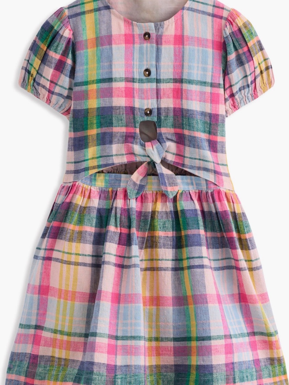 Mini Boden Girls' Pink, Green & Blue Plaid Short Sleeve Dress - Picture 3 of 3